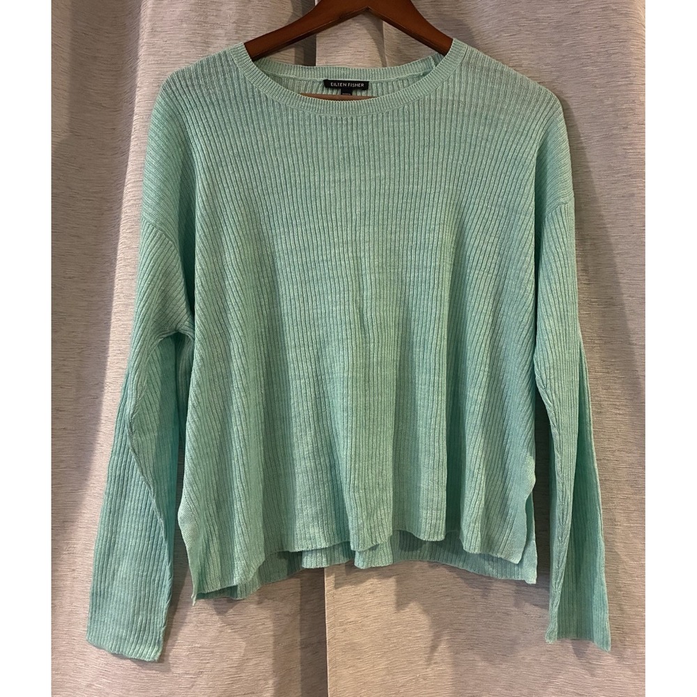 EILEEN FISHER Organic Linen Cotton Slub Crew Neck Top Teal Medium Easy Fit